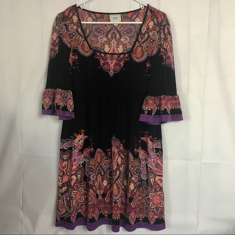 ECI Shift Dress BOHO Bell Short Sleeve Black SZ 8